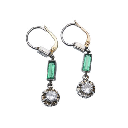 Platinum Vintage Emerald and Diamond Earrings