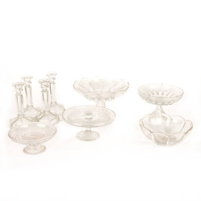 4 Glass Candlesticks, 4 Comports and Glass Bowl