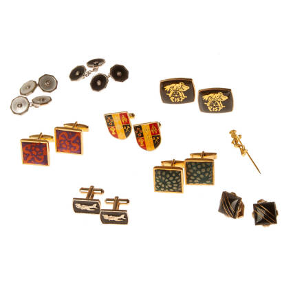 8 Gold and Silver Tone Pairs of Cufflinks of various shape and design and a stick-pin