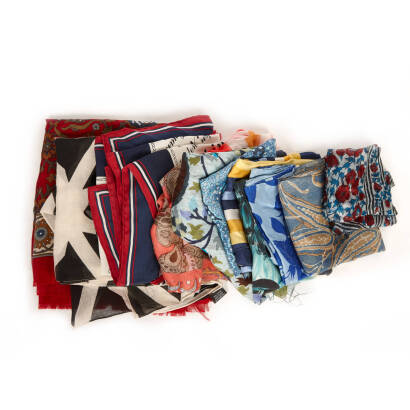 An Assorted Lot of Silk Scarves in Blue and Red Tones