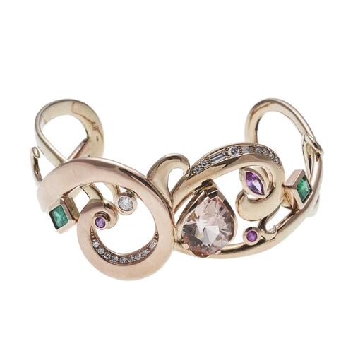 9ct Rose Gold Morganite, Emerald and Diamond Cuff Bangle