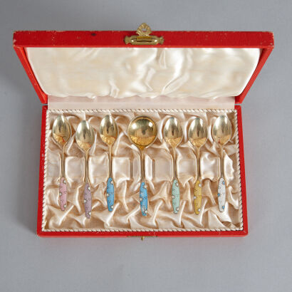 A Cased Set of Seven Danish Sterling Silver and Enamel Teaspoons by Frigast Denmark