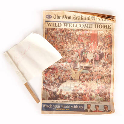 Signed Peter Blake NZ Herald May 25 1995 'Wild Welcome Home' and Red Sock Flag Signed B Butterworth