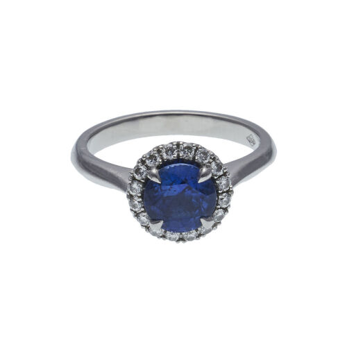 Platinum Round Sapphire and Diamond Ring