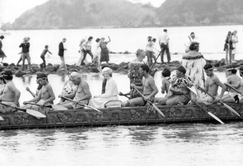 Charles and Diana approach Waitangi by Waka