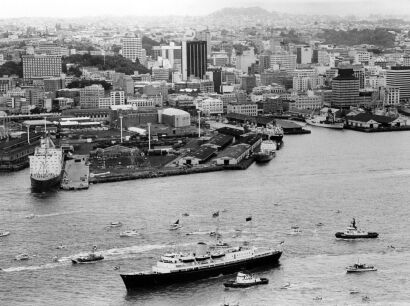 The Royal Yacht with Tug Boats, Auckland 1977