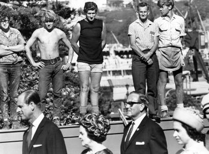 Workmen Overlooking the Queen and Prime Minister Holyoake in Parliament Grounds