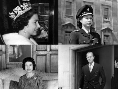 Four photographs - The Queen and Prince Philip at Buckingham Palace and Sandringham estate