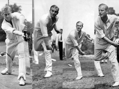 Four photographs - Prince Philip Playing Cricket in Wiltshire