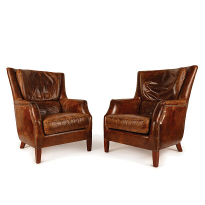 Pair of Tan Antiqued Leather Club Armchairs