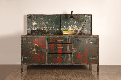 Industrial Painted Wooden and Metal Cabinet