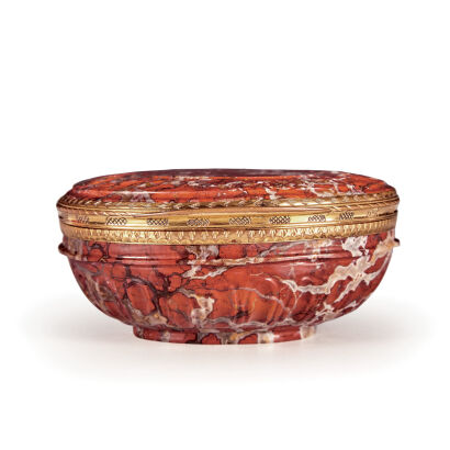 A Continental European Cartouche-Shaped Gold-Mounted Box of Carved Translucent Red Jasper