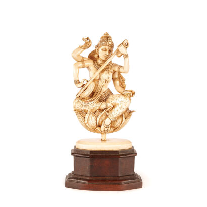 A Very Good and Finely Carved 19th Century Indian/Tibetan Ivory Figure of Saraswati The Hindu Goddess of Knowledge and Music