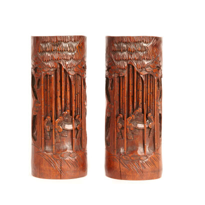 A Pair of Chinese Carved Bamboo Brush Pots