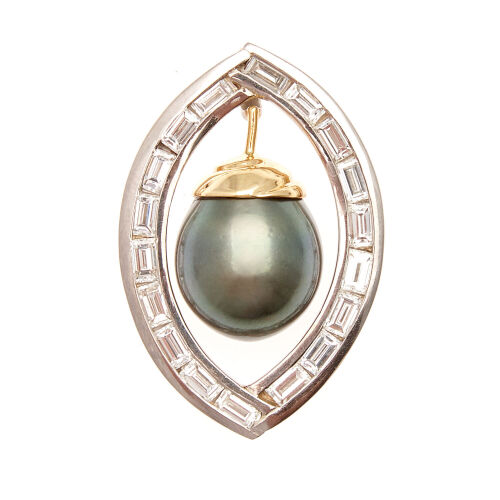 18ct White and Yellow Gold Tahitian Pearl and Diamond Pendant