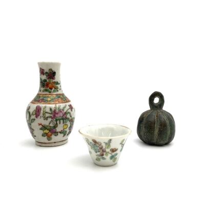 A Chinese Famille Rose Cup, A Canton Famille Rose Vase (cracked) and a Weight