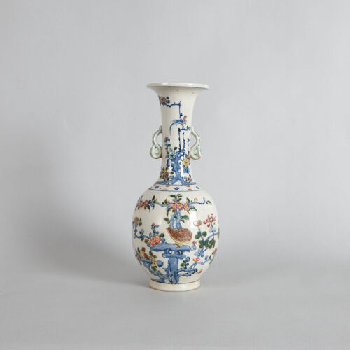 A Chinese Underglaze-blue and Famille Verte 'Floral and Bird' Vase with two handles