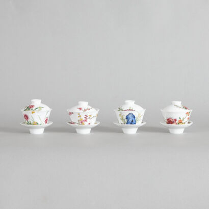 Four Chinese Lidded Teacups with saucers