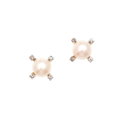A Pair of Yellow Gold Pearl and Diamond Stud Earrings