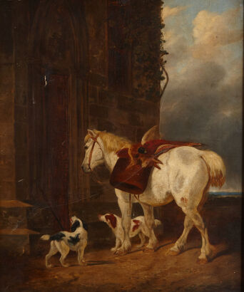 A Painting of a Horse and Two Dogs by a Follower of Abraham Cooper