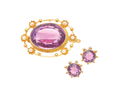 20ct Edwardian Amethyst Brooch and Earrings