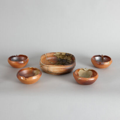 A Set of Four Japanese Shigaraki Bowls and Serving Dish