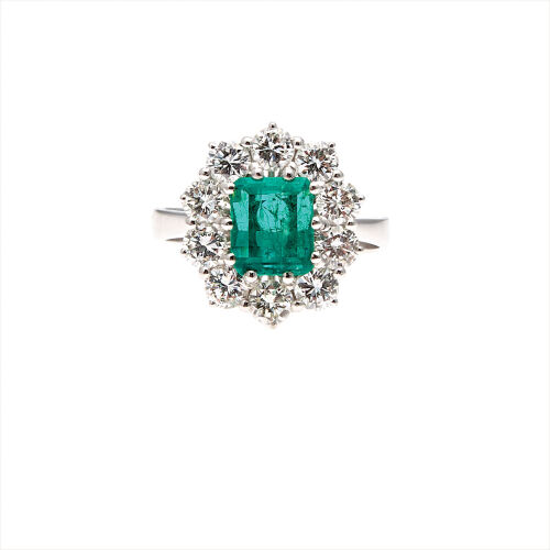 18ct White Gold 1.25ct Emerald and Diamond Cluster Ring