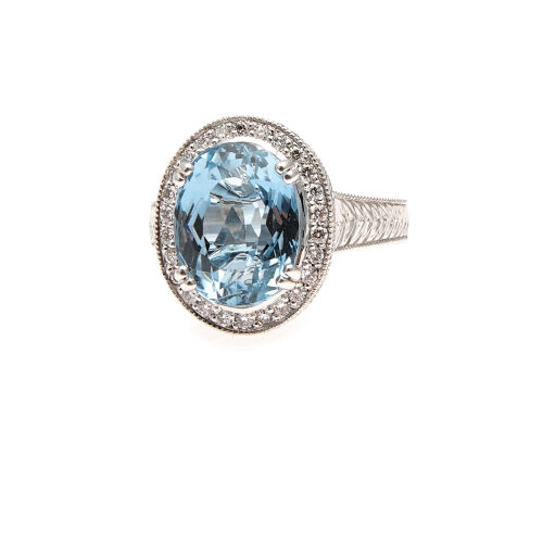 18ct White Gold 7.76ct Blue Topaz and Diamond Cluster Ring