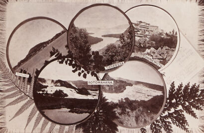 PHOTOGRAPHER UNKNOWN Collage of Auckland, Rotomahana, Tarawera, Ohinemutu