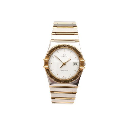 A Stainless Steel and Gold Omega Constellation Wristwatch