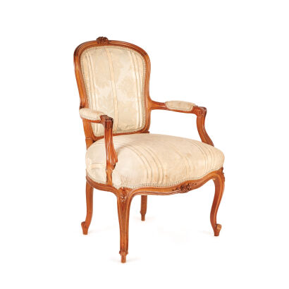 A Louis XV Walnut Framed Open Armchair