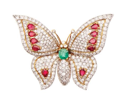 18ct White Gold Diamond Ruby and Emerald Butterfly Brooch