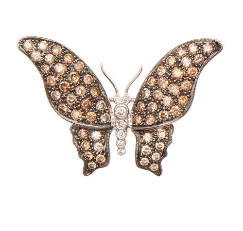 18ct White Gold with Blackened Rhodium Champagne Diamond Butterfly Brooch