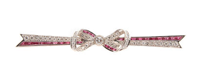 18ct White Gold Ruby and Diamond Bow Brooch