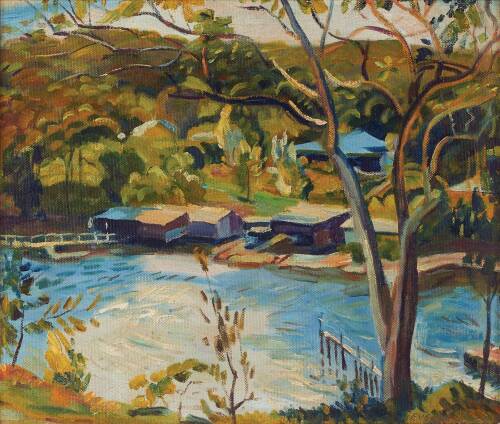EVELYN PAGE Untitled (Lake Scene with Boat Sheds)