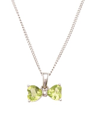 9ct White Gold Peridot and Diamond Bow Pendant