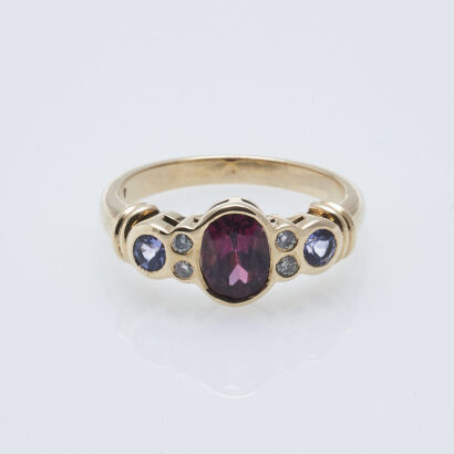 9ct Garnet, Tanzanite and Diamond Ring