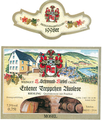 *(4) 1998 Weingut H. Schwaab-Kiebel Erdener Treppchen Riesling Auslese, Mosel