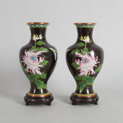 A Pair of Chinese Black Ground Cloisonne Vases