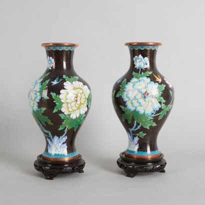 A Pair of Chinese Black Ground 'Floral' Cloisonne Vases