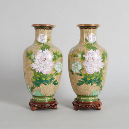 A Pair of Chinese Green Ground 'Floral' Cloisonne Vases