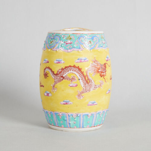 A Chinese Late Qing Dynasty Yellow-ground and Iron-red 'Dragon' Lidded Jar