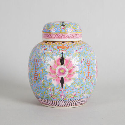 A Chinese Lavender-ground Famille Rose Lidded Jar