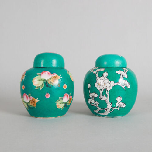 Two Chinese Green-ground Famille Rose Lidded Jar