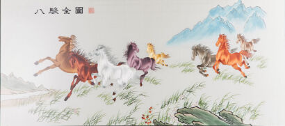 A Chinese Hand Embroidered Silk Art of Eight Horses