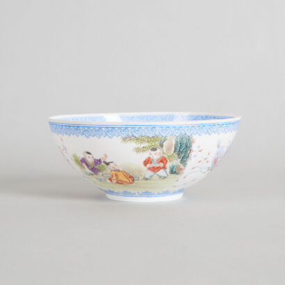 A Mid 20th Century Famille Rose 'Playing Kids' Eggshell Bowl