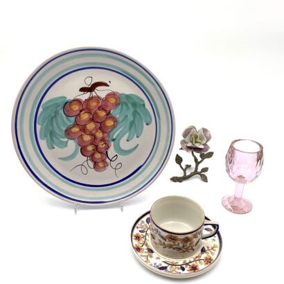 A 'Grape' Porcelain Plate & A Chinese Tea Cup and Saucer & A Crystal Glass (base repaired)