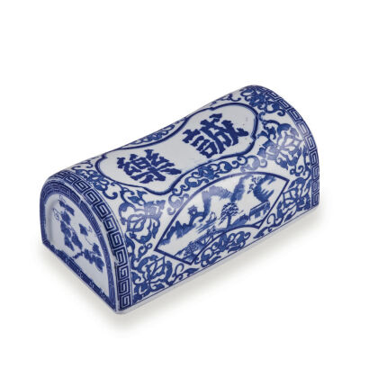 A Blue and White Porcelain Pillow with cordiality and joy characters