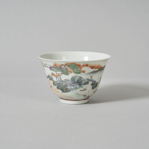 A Chinese Late Qing Dynasty Famille Verte 'Landscape' Eggshell Cup (Da Qing Qianlong Nian Zhi Mark)