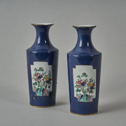 A Pair of Chinese Qing Dynasty Blue Ground Famille Verte 'Floral' Vase decorated with Panels